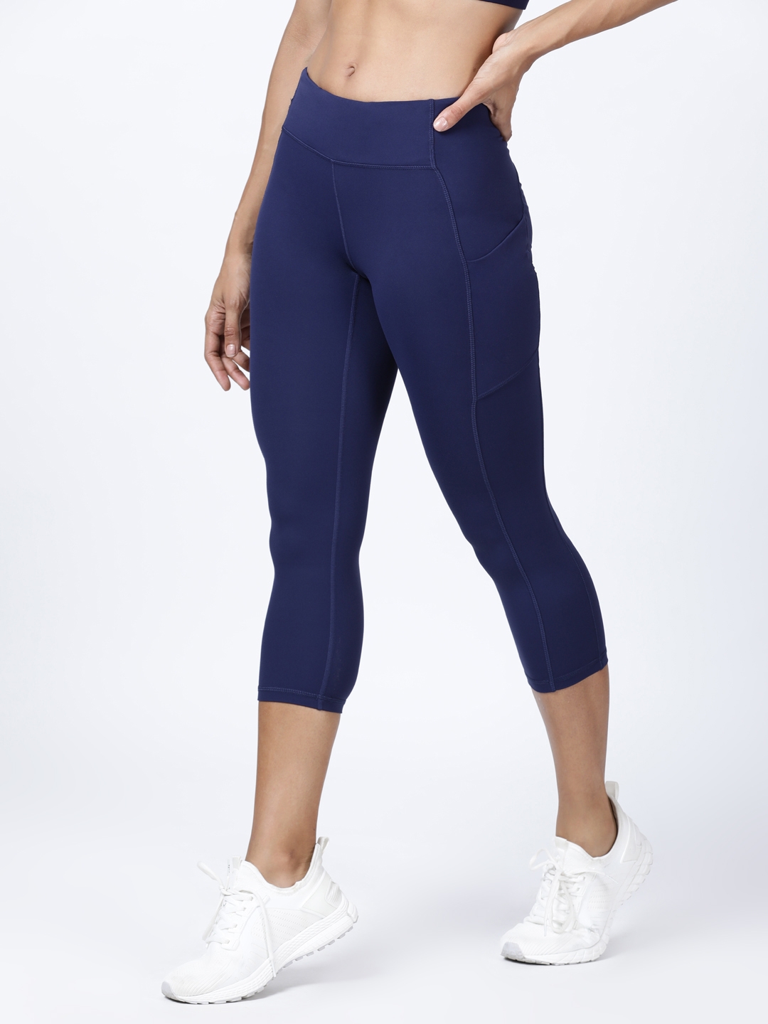 Back Zipper Capris Nylon Leggings For Women - Navy Blue